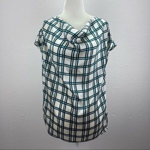 Zara Shirt Womens Medium Blouse Top Plaid Drape Neck Office Academia Green Cream
